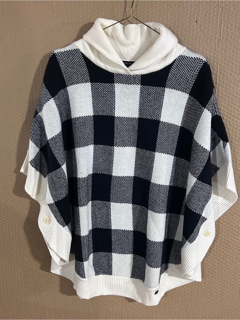 Talbots Black & White Buffalo-Check Cowl Poncho Sweater